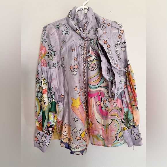 NWOT Zimmermann Concert Tie Neck Concert Lilac Collage Blouse Size XS/ AU 0 RARE - Picture 8 of 13